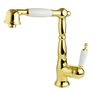 Смеситель для кухни Migliore Oxford монокомандный, с выдвижной лейкой, ручка белая/золото 18276 фото