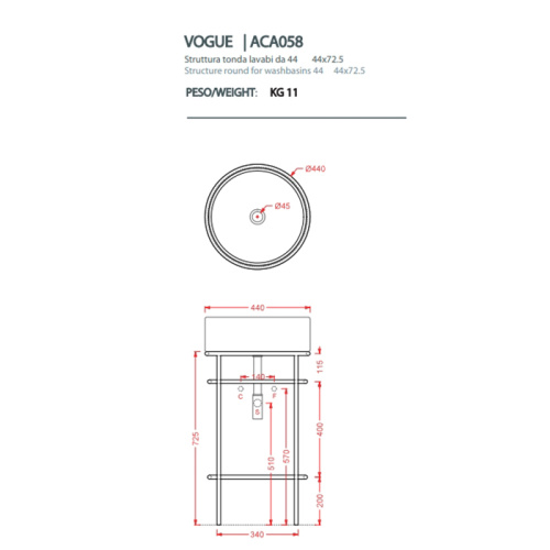 Artceram VOGUE Металическая структура Ø44хh72,5см с раковиной Millerighe без отв, под смеситель, с сетчатой полочкой, напольный, цвет: белый матовый фото 2