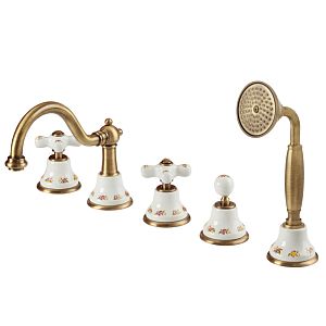 Смеситель на борт ванны Migliore Provance, на 5 отверстий, белый с декором/бронза 19464 фото