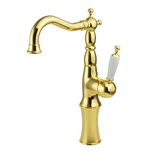 Смеситель для раковины Migliore Oxford монокомандный высокий, ручка белая, золото 19174 фото